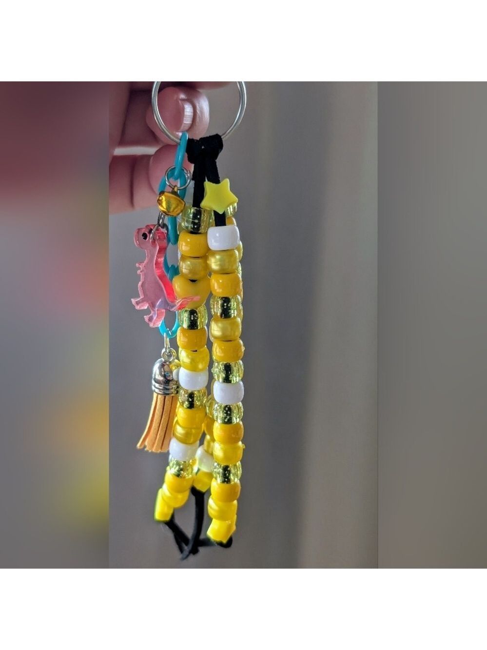 Yellow Beaded Keychain/Bag Charm with Dinosaur Charm